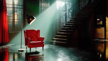 A red chair and a lamp in a dark room photo