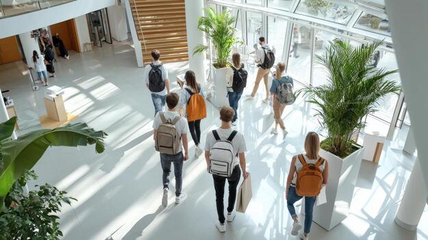 A group of people walking through a large building photo