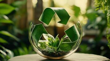 A green plant in a glass vase with a recycling symbol photo