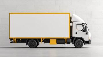 White and yellow truck with blank board on the side photo