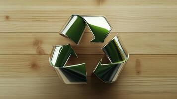 A green recycling symbol on a wooden surface photo
