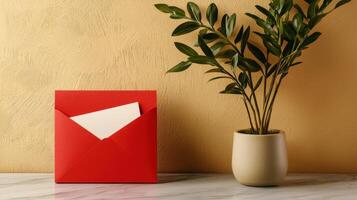 Red envelope with white paper and plant on yellow background photo