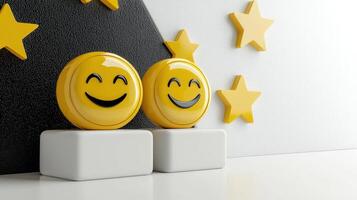 Two yellow smiley faces on top of white cubes photo