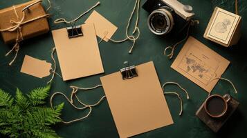 A camera, paper, and a notebook are on a green table photo