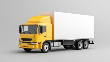 A yellow truck with a white box on the front photo