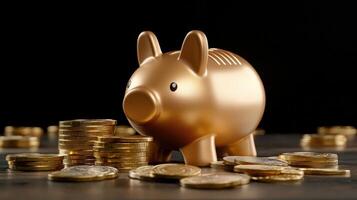 Golden piggy bank with coins on a table photo