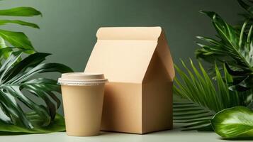 Takeaway coffee cup and cardboard box with palm leaves on green background photo