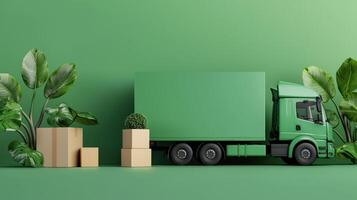 Green delivery truck with boxes and plants on a green background photo