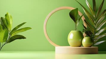 Green plants and vases on a green background photo
