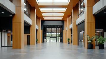 Modern office building with wooden columns and skylights photo