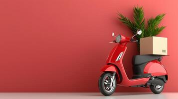 A red scooter with a box and plant on the back photo
