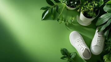 Green background with white sneakers and plants photo