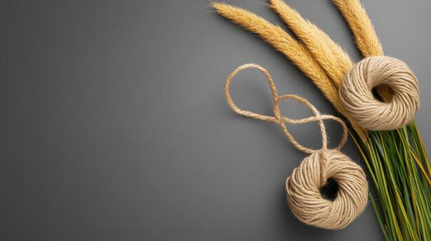 Two spools of yarn and wheat on a gray background photo