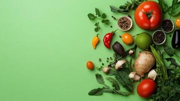 Fresh vegetables and herbs on a green background photo