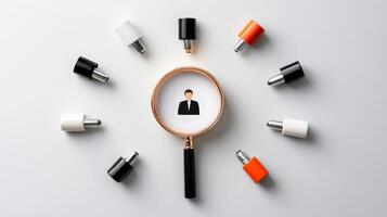 Magnifying glass on a white background with many business icons photo