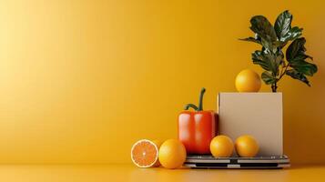 A box with vegetables and fruit on a yellow background photo