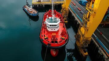 A red tug boat is docked next to a large ship photo