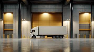 A white truck is parked in a large warehouse photo