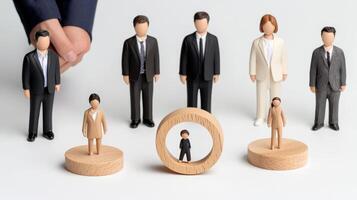 A group of people in business suits are standing around a wooden figure photo
