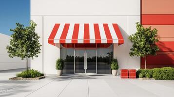 A red and white awning is on the front of a building photo