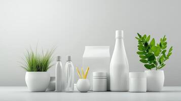 Various white containers and plants on a table photo