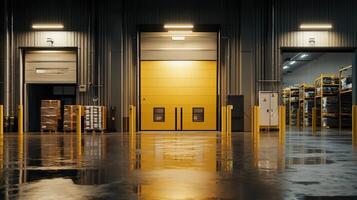 A warehouse with yellow doors and shelves photo