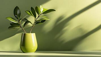 A green vase with a plant in it photo