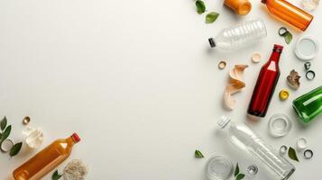 Plastic bottles and other plastic products on a white background photo