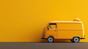 An orange van is parked against a yellow wall photo