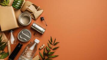 Garbage and recycling concept with cardboard boxes, plastic bottles, cans, and other waste materials on photo