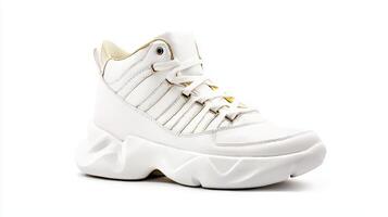A white high top sneaker with gold detailing photo