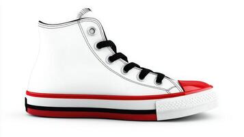 A white and red high top shoe with a red stripe photo
