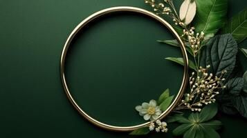 Golden oval frame with green leaves and flowers on a dark green background photo