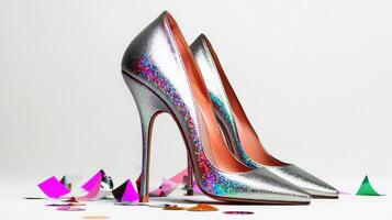 A pair of silver high heels with colorful confetti photo