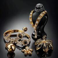 A black and gold jewelry set with a black vase and a flower photo