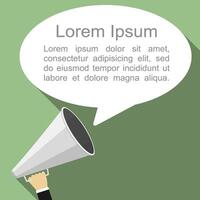 Hand holding megaphone and speech bubble for your text, flat design with long shadows vector