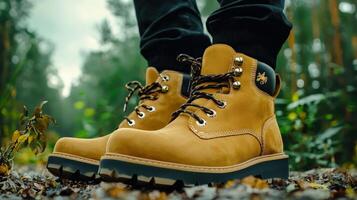 A person wearing yellow boots standing in the woods photo