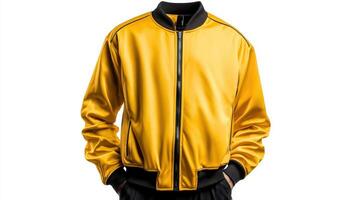 A man in a yellow jacket is posing photo