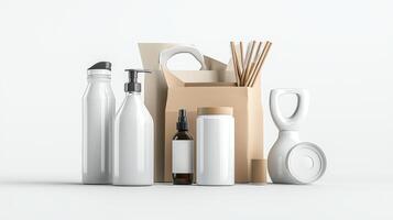 Various plastic bottles and other items in a paper bag photo