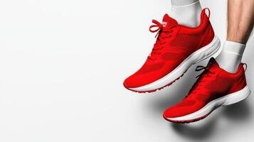 A person's legs in red running shoes photo