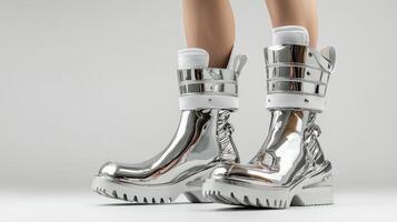 A pair of silver boots with white soles photo