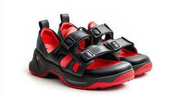 A pair of black and red sandals with straps photo