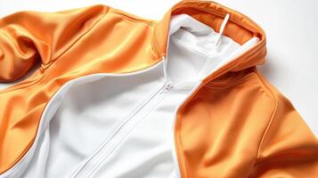 An orange jacket with white trim is shown photo