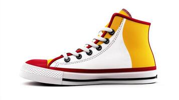 A pair of sneakers with red and yellow colors photo