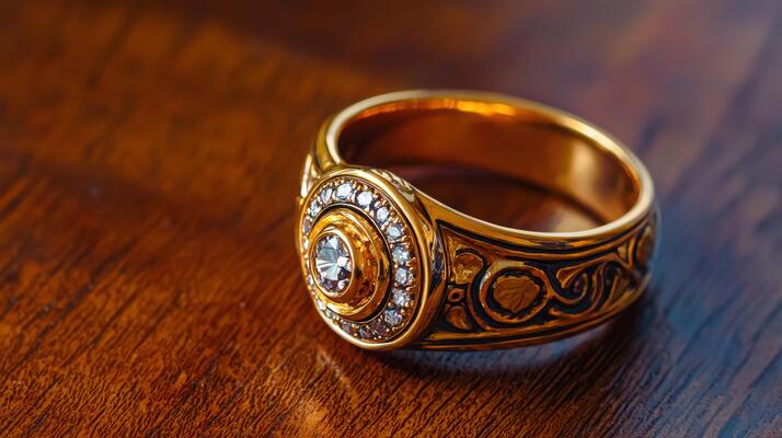 A gold ring with diamonds on top