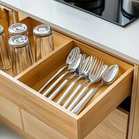 A drawer with silverware and utensils photo