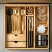 A wooden drawer with utensils and cups photo