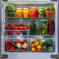 A refrigerator with fresh vegetables and fruits inside photo
