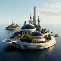Futuristic city on a floating island 3d rendering photo