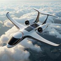 A futuristic jet plane flying through the sky photo